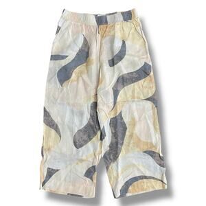 Rachel Zoe Linen Abstract‎ Print Wide Leg Pants Elastic Waist Beige L